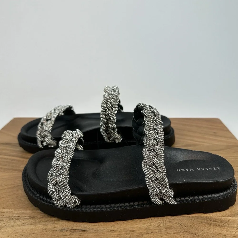 New NWOB‎ Azalea Wang Nikolina Braided Rhinestone Platform Slides Sandals Size 7